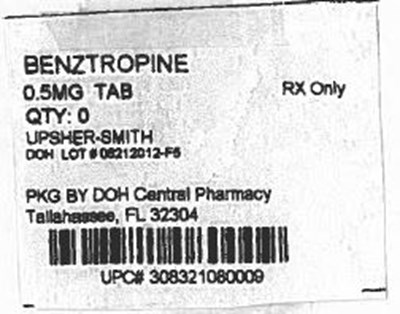 Benztropine 0.5mg Upsher-Smith.jpg PRINCIPAL DISPLAY PANEL - 0.5 mg Tablet Bottle Label - Benztropine 0.5mg Upsher Smith